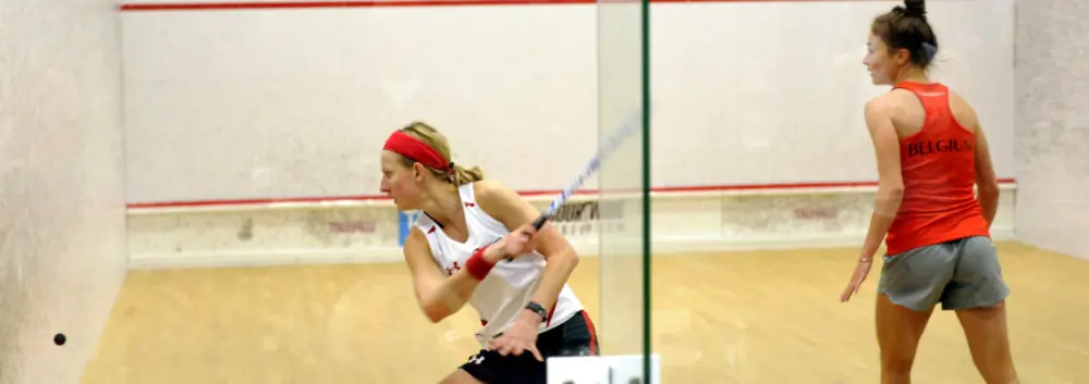 Alison Waters, a professional squash player, reaching for a shot